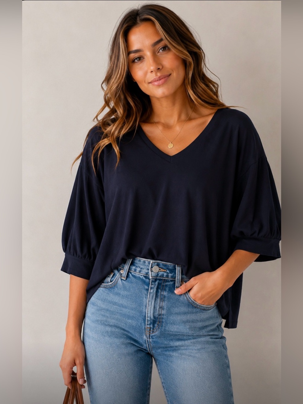 Navy V-Neck Puff Sleeve Top
